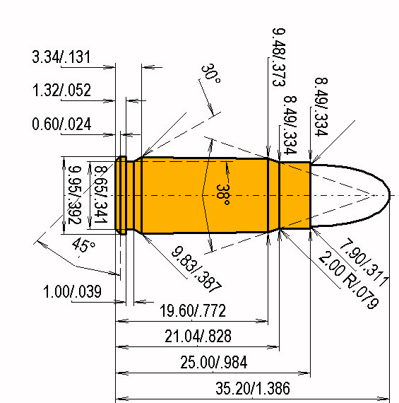 7.62 x 25 Tokarev Kaliber Maße und technische Spezifikationen