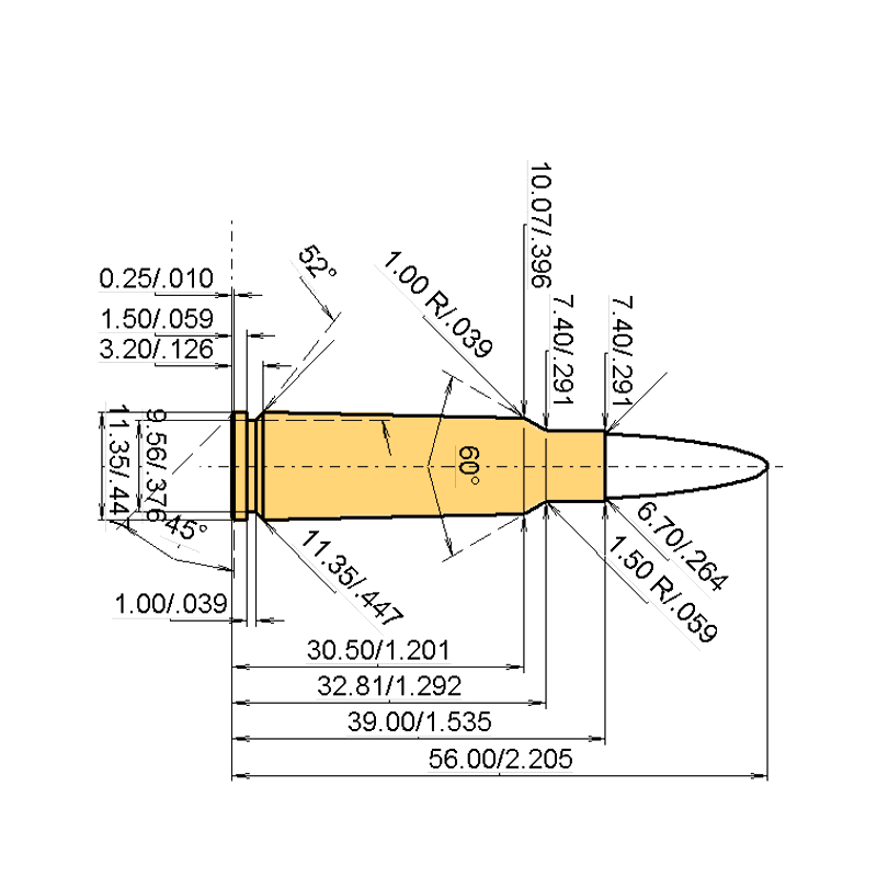 6.5 x 39 Kaliber Maße und technische Spezifikationen