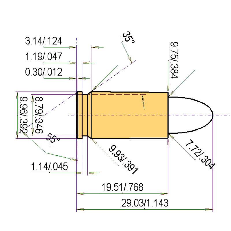 9 mm FX & CQT Kaliber Maße und technische Spezifikationen