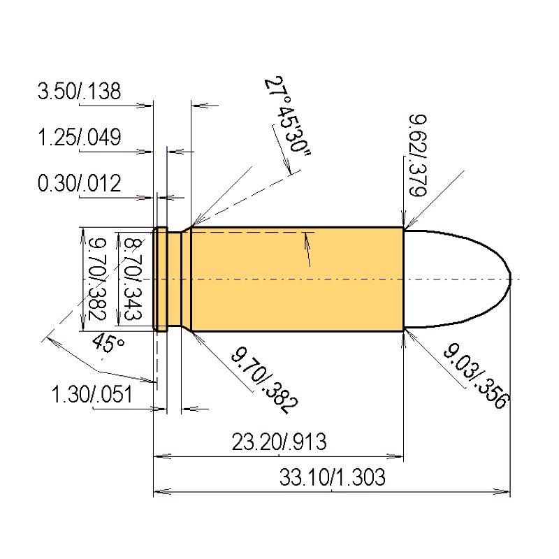 9 mm Steyr (Roth) Kaliber Maße und technische Spezifikationen