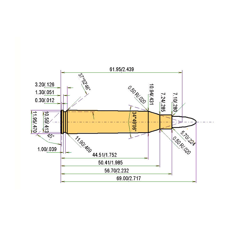 5.6 x 57 Kaliber Maße und technische Spezifikationen