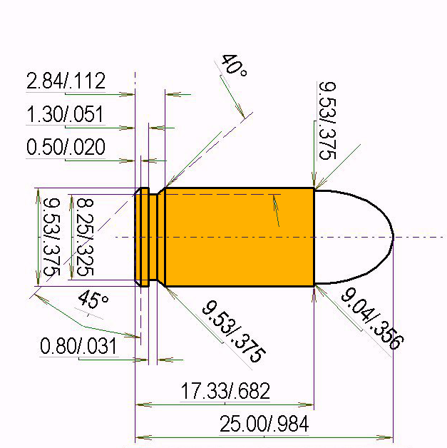 9 mm Browning court Kaliber Maße und technische Spezifikationen