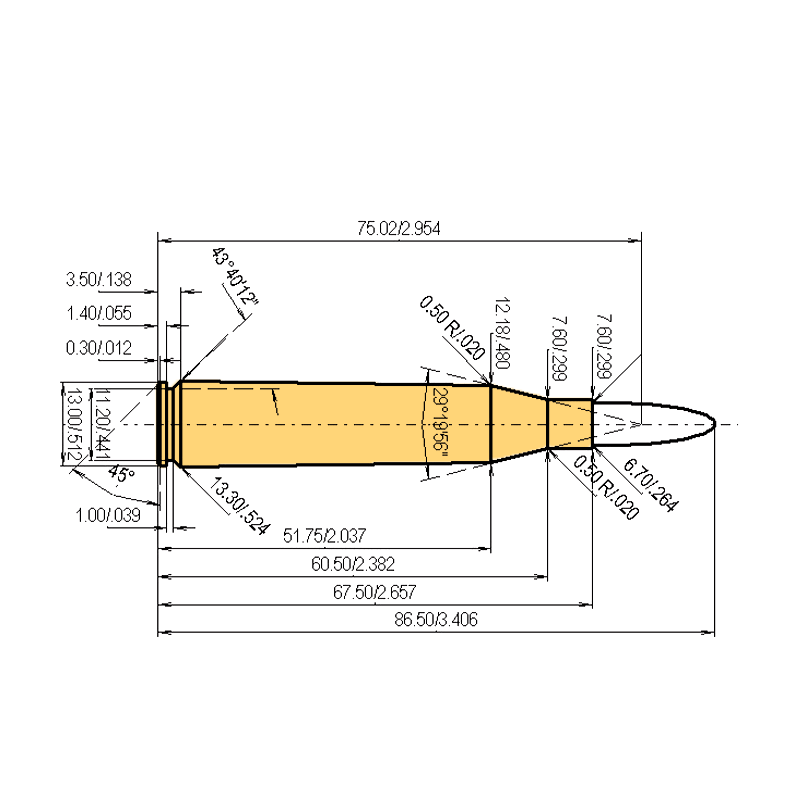 6.5 x 68 Kaliber Maße und technische Spezifikationen