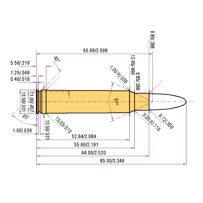 .358 Norma Mag. Kaliber Maße und technische Spezifikationen