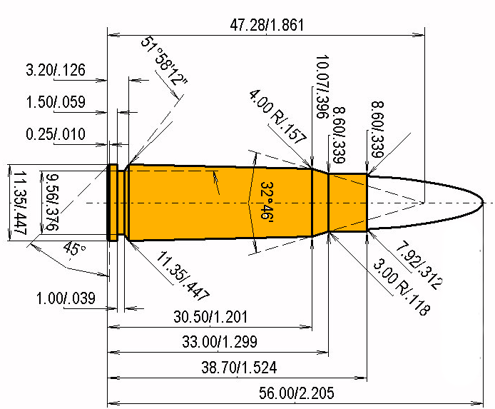 7.62 x 39 (.308) Russ. Kaliber Maße und technische Spezifikationen