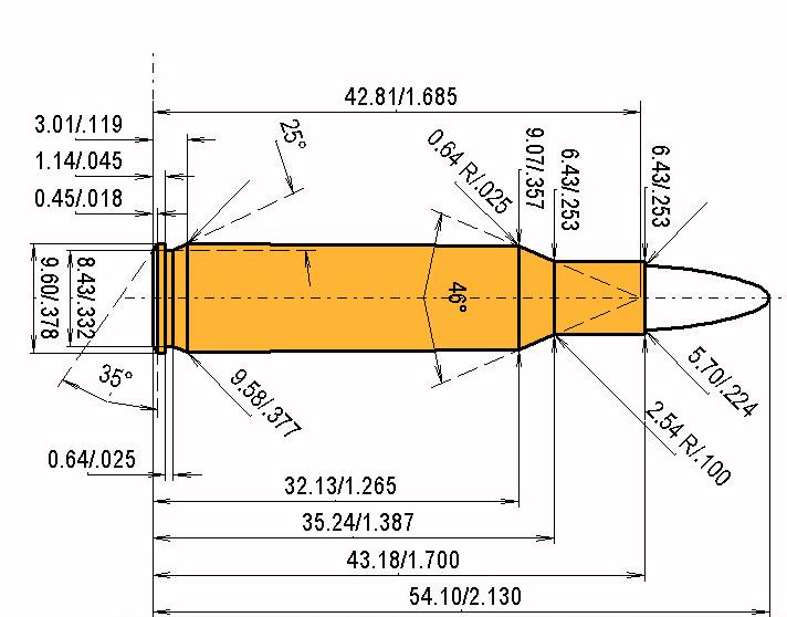 .222 Rem. Kaliber Maße und technische Spezifikationen